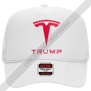 Trump Tesla Maga Custom Mash Up Logo Foam Trucker Hat White w Red Logo
